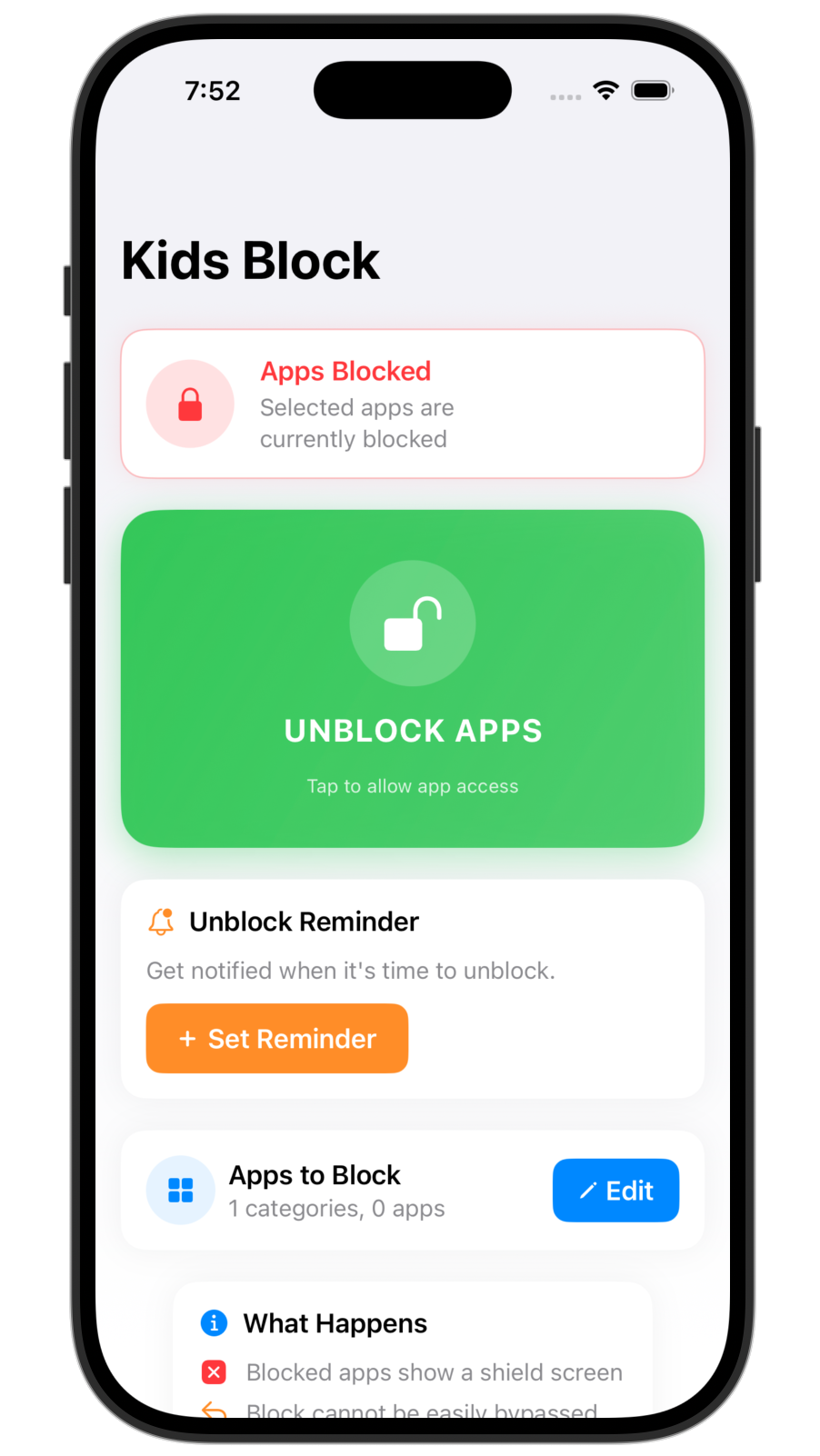 Kids Block main screen with apps blocked, a green Unblock Apps button, and an unblock reminder