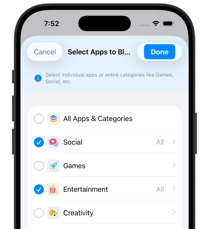 The Select Apps to Block screen with categories such as Social, Games, and Entertainment, using Apple's app picker