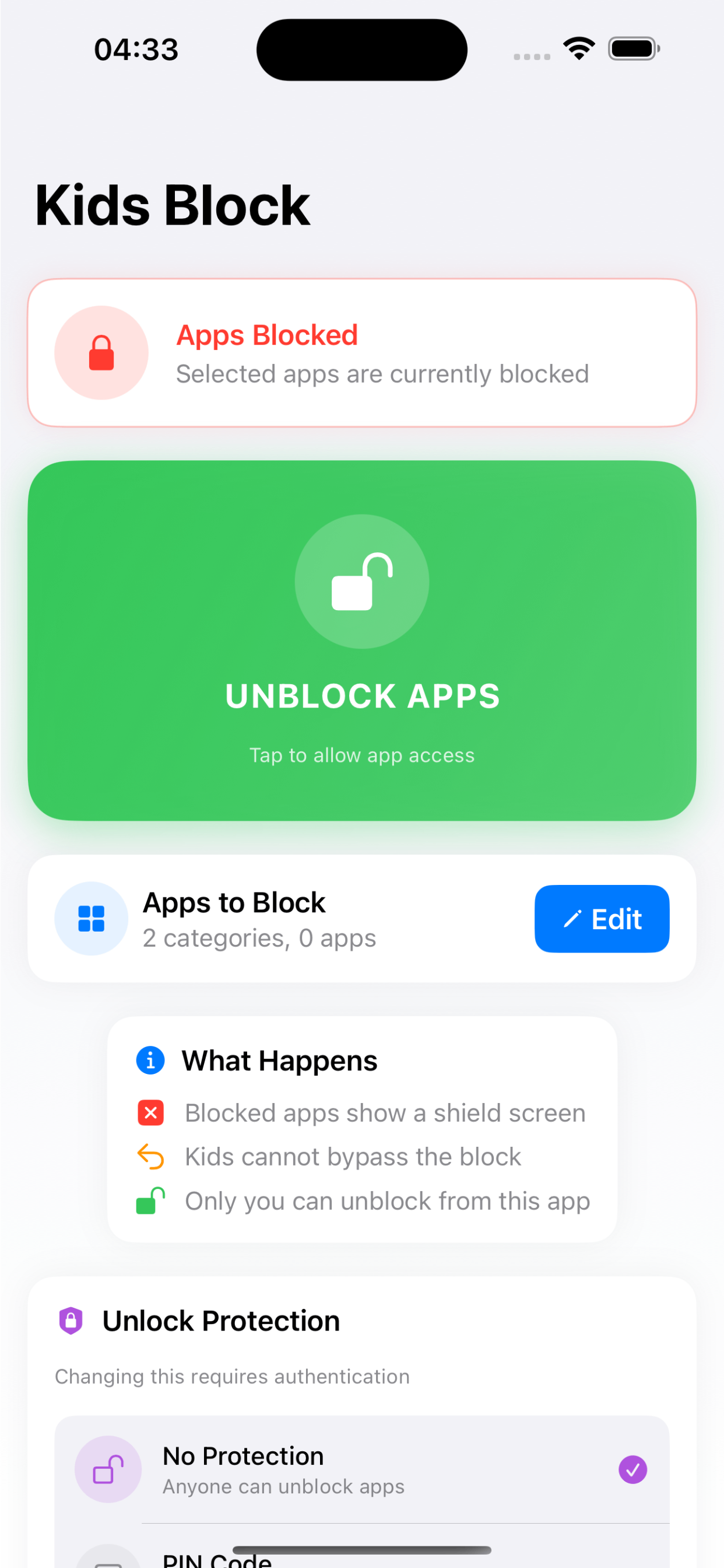 Kids Block Unlock Protection settings offering No Protection, PIN Code, and Face ID