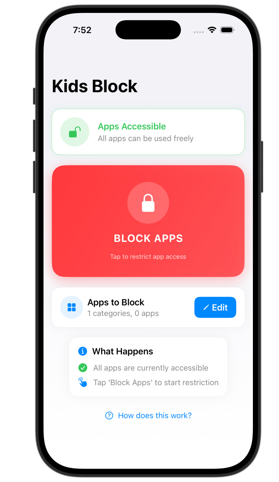 Kids Block main screen with all apps accessible and a large red Block Apps button